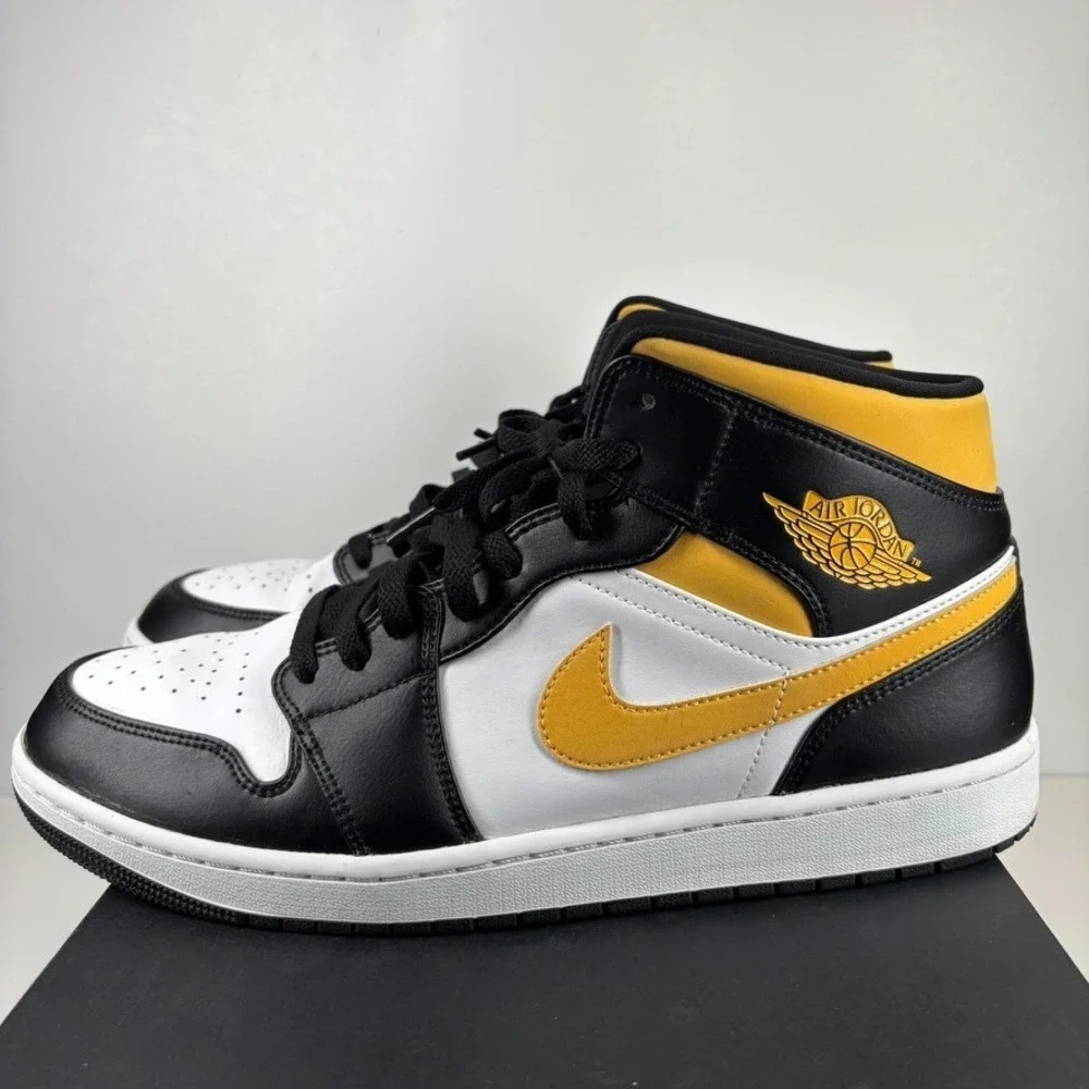 Air Jordan 1 Mid White/Pollen Black Men's US 13 University Gold Shoes 554724-177